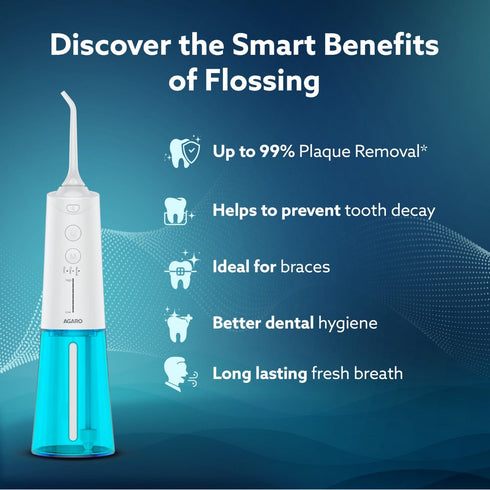 Galaxy Oral Irrigator, Portable, Cordless, Rechargeable, 3 Cleaning Modes, 6 Pressure Levels in Each Mode, IPX7 Waterproof, 230ml Water tank, Flossing at Home & Travel, White & Blue